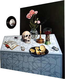 Juan Miguel Restrepo, Vanitas Stillleben mit Spiegel, Öl auf Leinwand, 2019, Diptychon, 120 x 122 cm