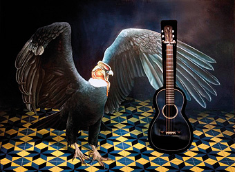 Juan Miguel Restrepo, Voz del aire, 2019, Öl auf Holz mit integrierter Gitarre, 130 x 170 cm