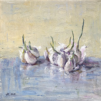 Anke Kiermeier „Knoblauch“ 2020, Öl auf Leinwand, 20 x 20 cm