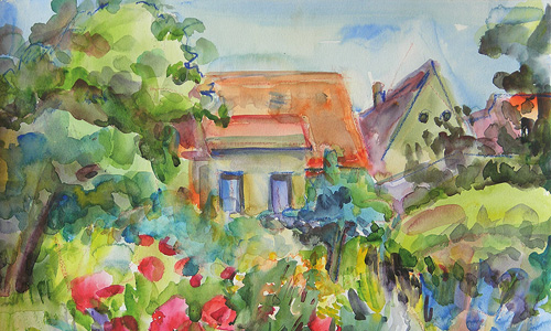 Maria Mednikova: „Im Garten“, Aquarell (Ausschnitt)